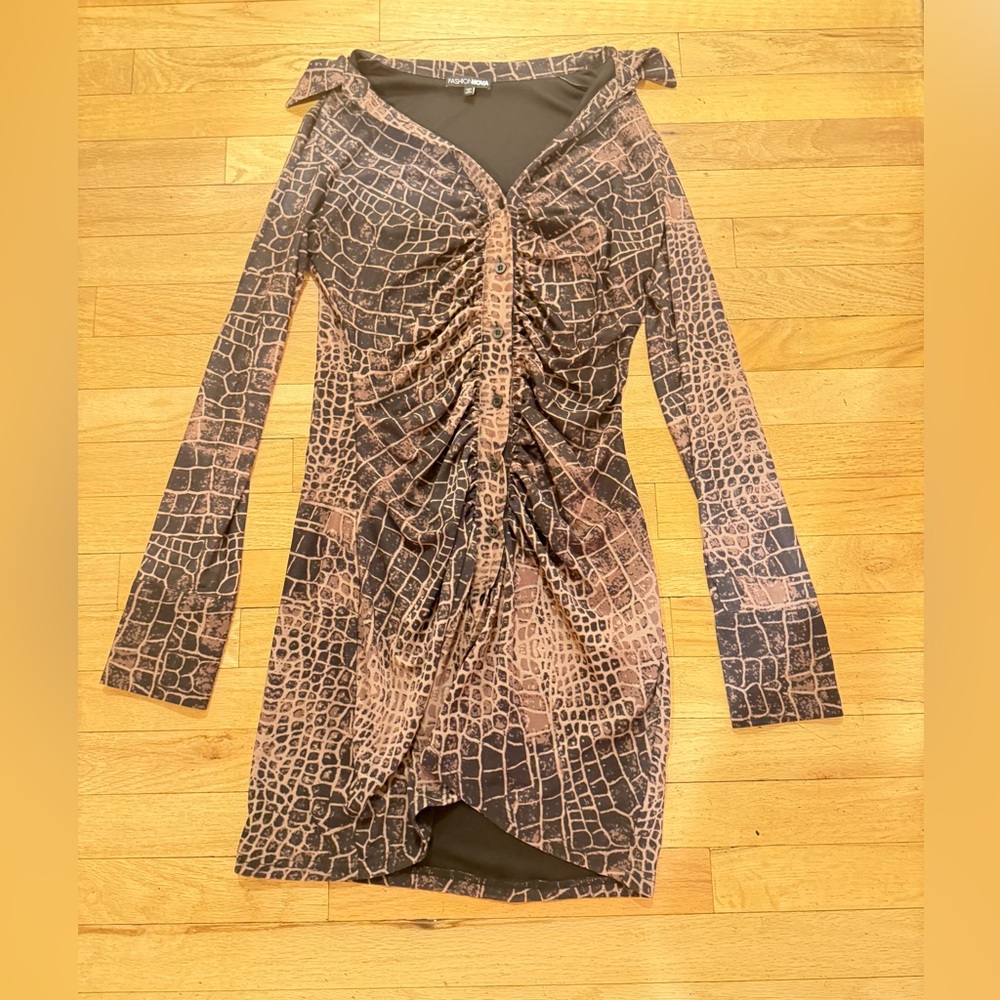 Fashion Nova Brown Crocodile Print Long Sleeve Dress